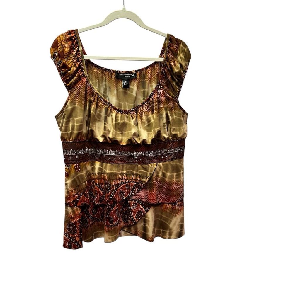 Venezia Women's Orange and Brown Peasant Blouse Size 18/20 Scoop Neck Sequin